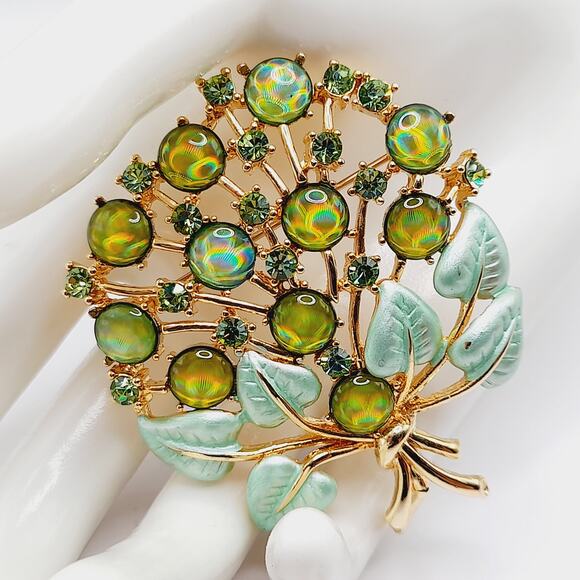 Vintage Style Watermelon Rhinestone Cabochon Tree Brooch Green Enamel Leaves - Picture 2 of 9